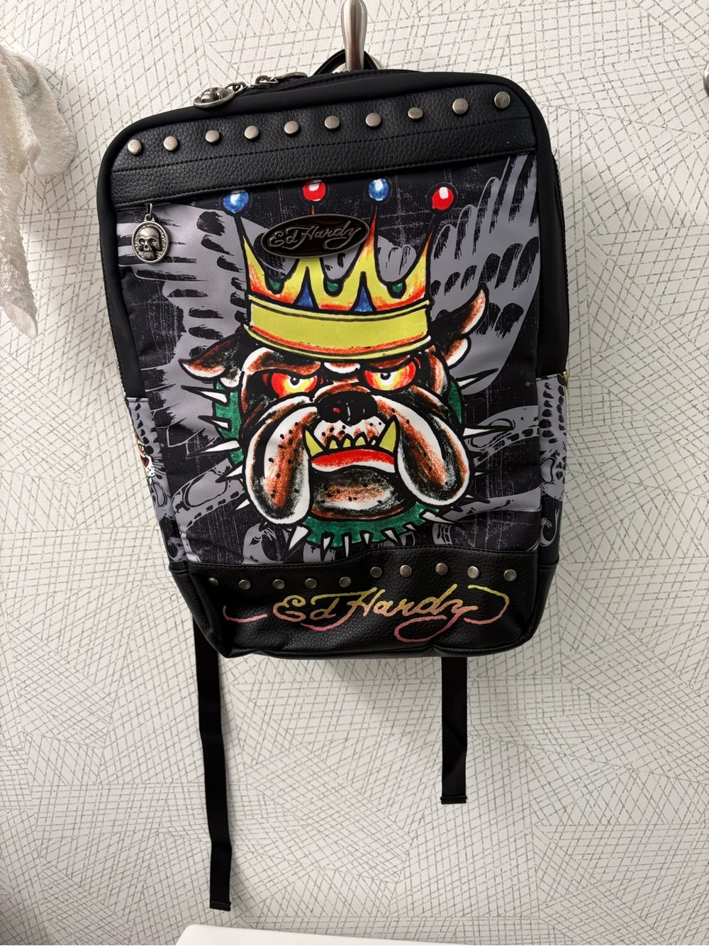 Ed Hardy Black Backpack with Colorful Crowned Bulldog Graphic